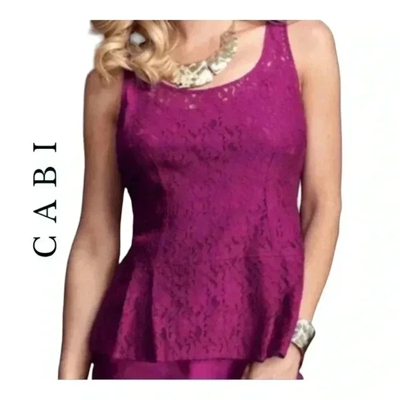CABI LACE SLEEVELESS BLOUSE PEPLUM STYLE SIZE MEDIUM FUCHSIA IN COLOR - Picture 1 of 10